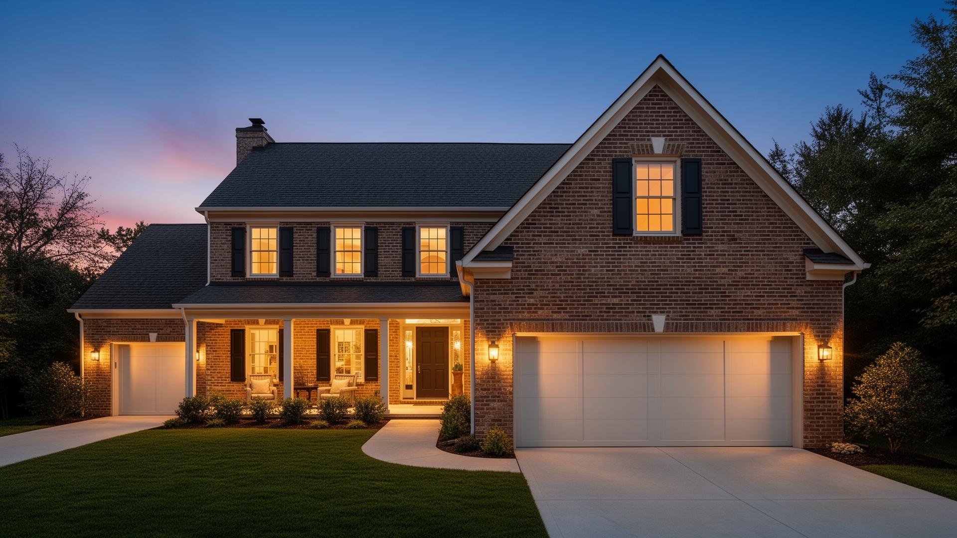 Elegant colonial home with modern flush panel garage doors at dusk in Missouri City